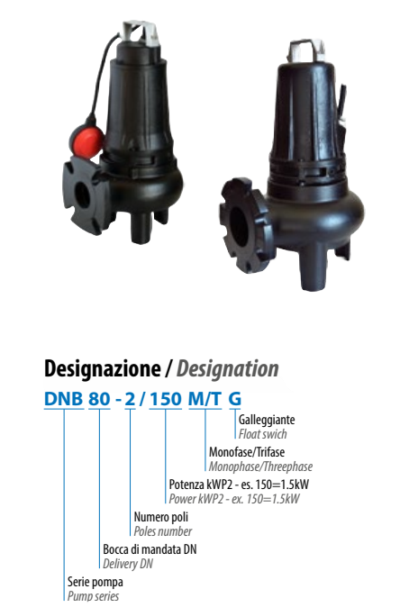 Bomba Sumergible Dreno DNB 65-2/150 T para aguas servidas
