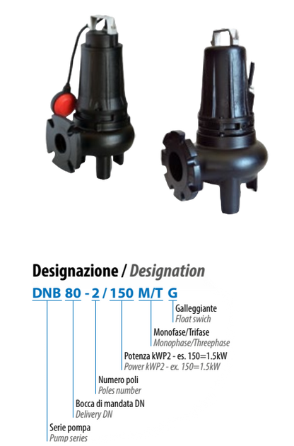 Bomba Sumergible Dreno DNB 65-2/150 T para aguas servidas